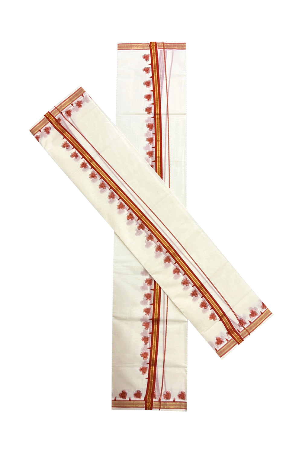 Kerala Cotton Single Kasavu Set Mundu (Mundum Neriyathum) with Orange Block Prints on Border