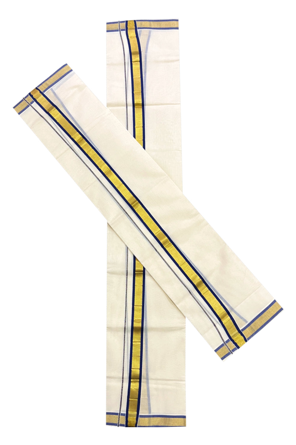 Kerala Cotton Mundum Neriyathum Single (Set Mundu) with Blue and Kasavu Border 2.80 Mtrs