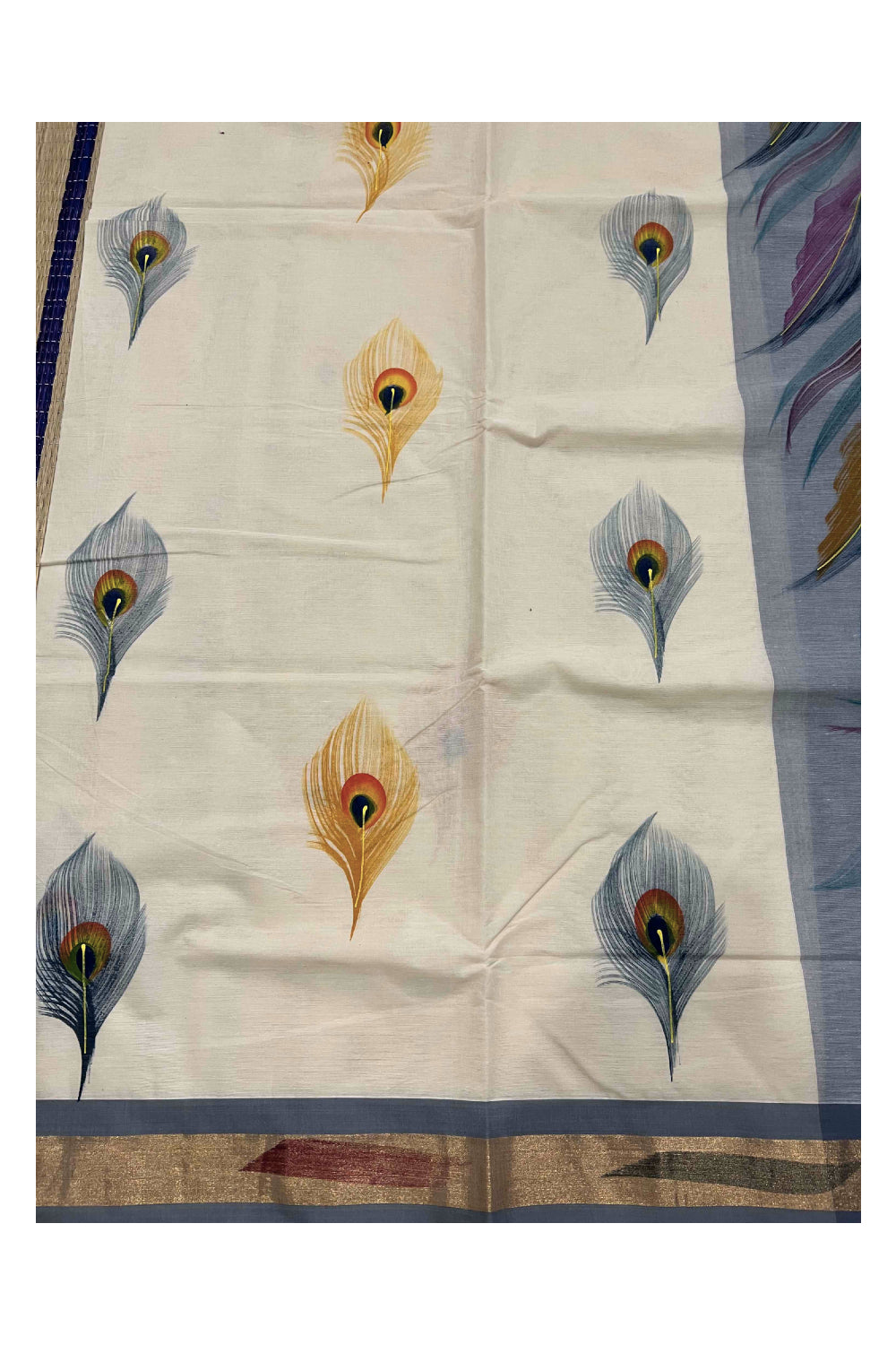 Southloom Blue Handpainted Mural Kerala Kasavu Saree with Peacock Art