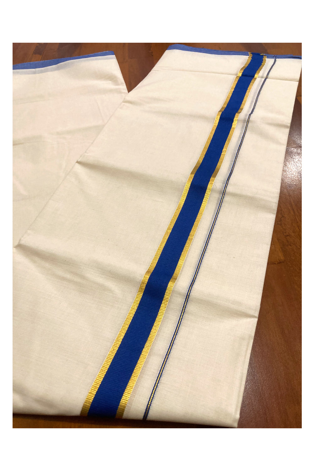 Off White Pure Cotton Double Mundu with Kasavu and Blue Border (South Indian Dhoti)