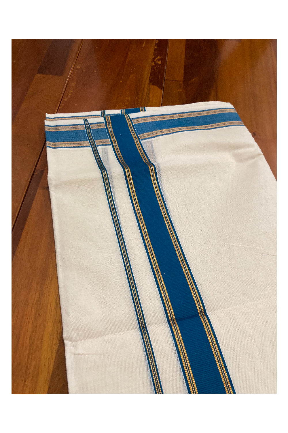 Off White Kerala Double Mundu with Kasavu and Dark Teal Blue Border (South Indian Dhoti)