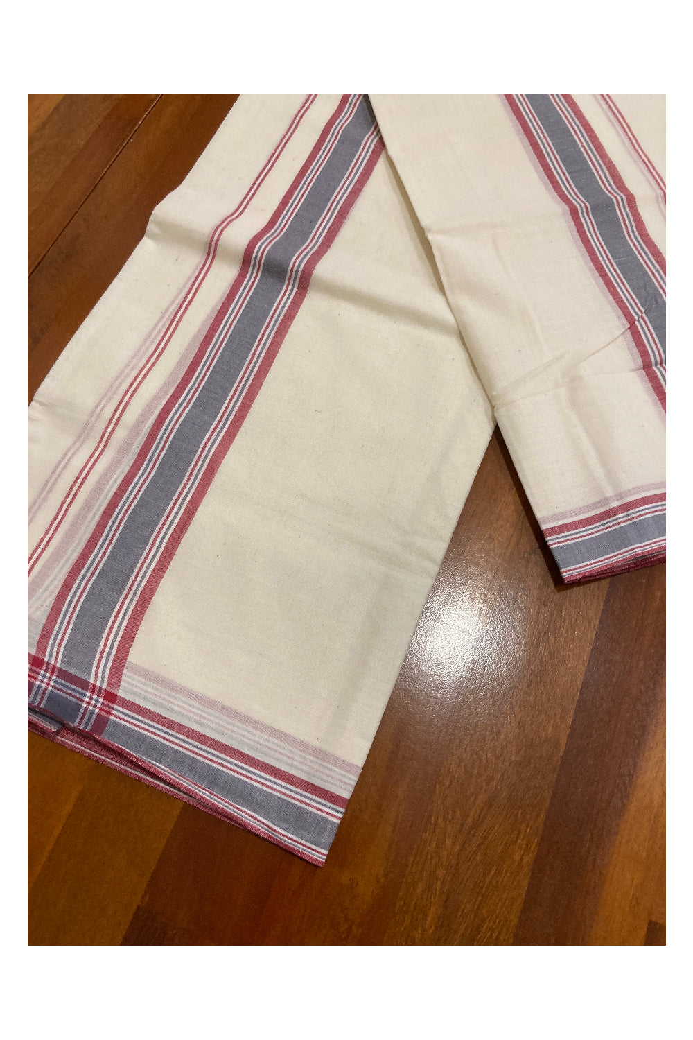 Kerala Cotton Mundum Neriyathum Single (Set Mundu) with Dark Red and Grey Mulloth Border (Extra Soft Cotton)