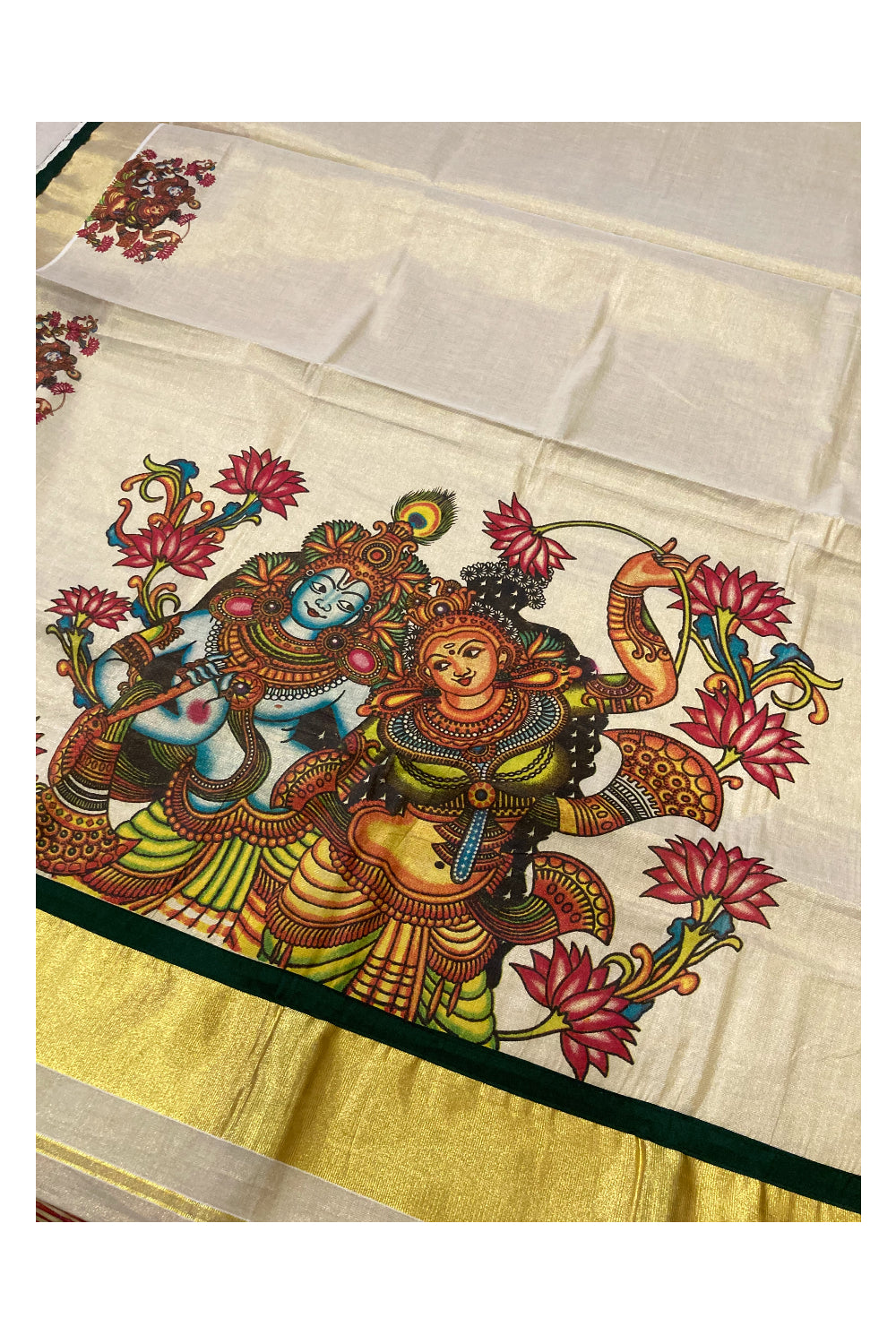 Kerala Tissue Kasavu Saree with Mural Krishna Radha Prints and Green Piping works on Border