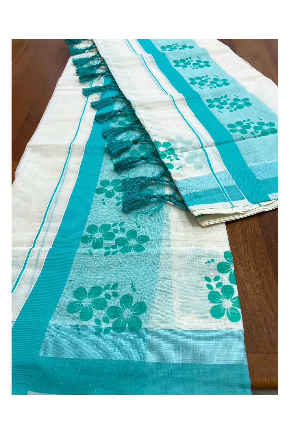 Kerala Cotton Mundum Neriyathum Single (Set Mundu) with Turquoise Floral Block Print Border and Tassels Work