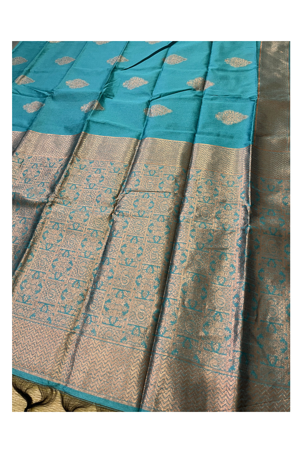 Southloom Cotton Silk Turquoise Designer Saree with Kasavu Woven Works on Pallu