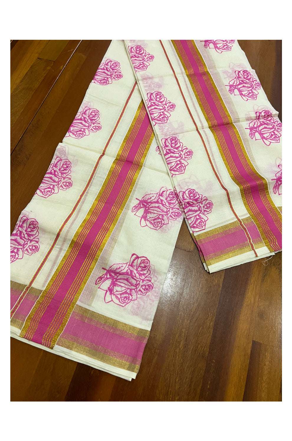 Pure Cotton Kasavu Single Set Mundu (Mundum Neriyathum) with Pink Floral Block Prints