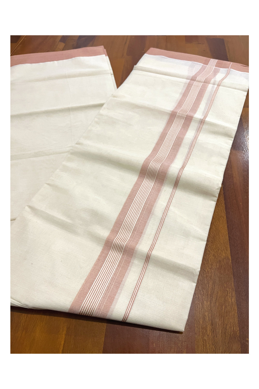 Pure Cotton Off White Double Mundu with Peach Kara (South Indian Dhoti)