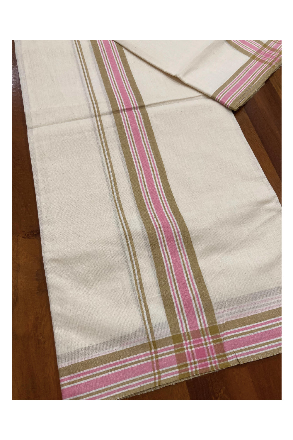 Kerala Cotton Mundum Neriyathum Single (Set Mundu) with Mulloth Design Yellow and Pink Border (Extra Soft Cotton)