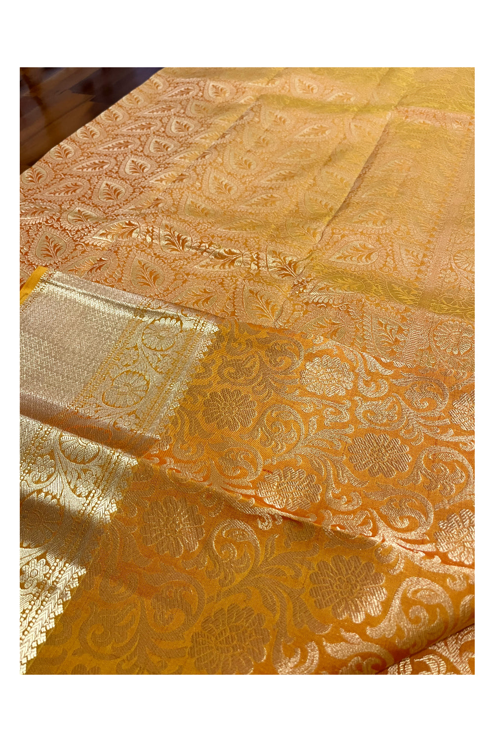 Southloom Double Warp Handloom Pure Silk Kanchipuram Yellow Manthrakodi Saree with Kasavu Woven Works