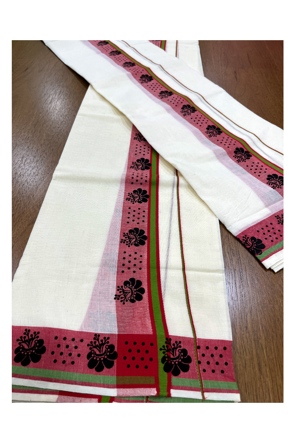 Kerala Cotton Set Mundu (Mundum Neriyathum) with Black Block Prints on Red Border 2.80 Mtrs