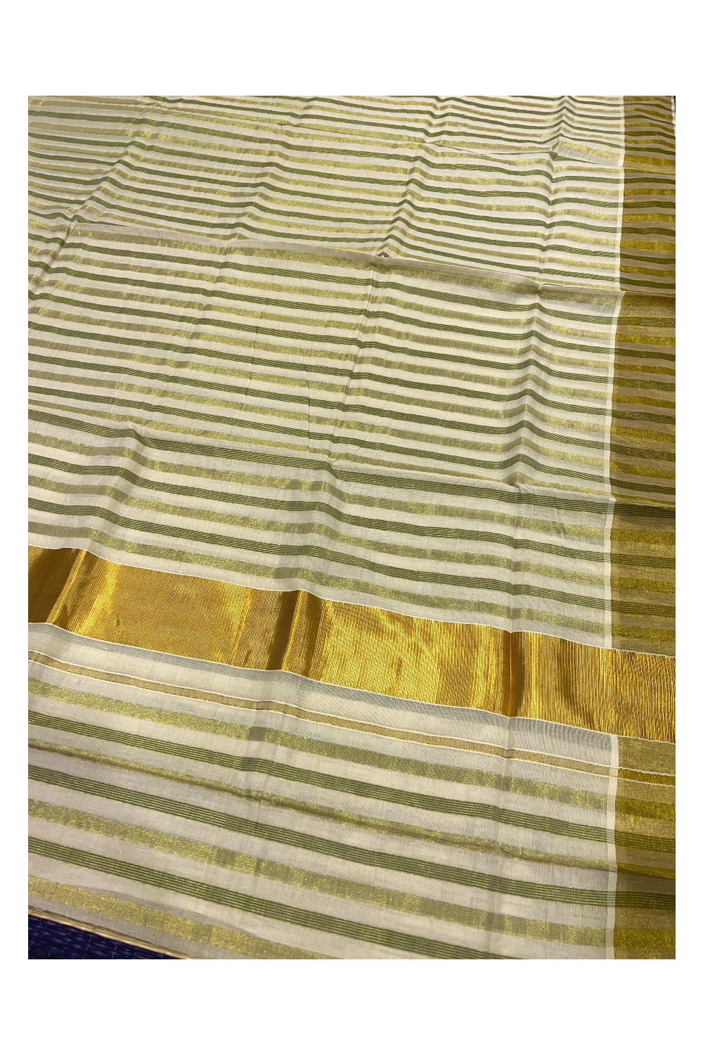 Kerala Cotton Kasavu and Green Lines Work Saree with 3 inch Kasavu Border