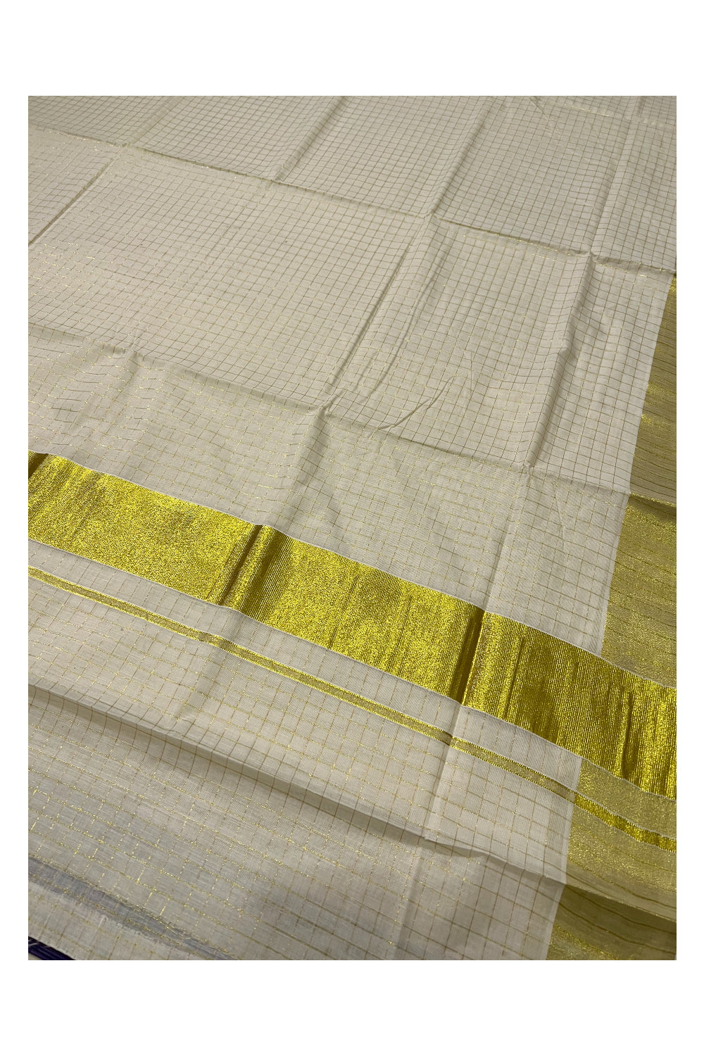 Pure Cotton Kerala Kasavu Checkered Saree with 3 inch Border