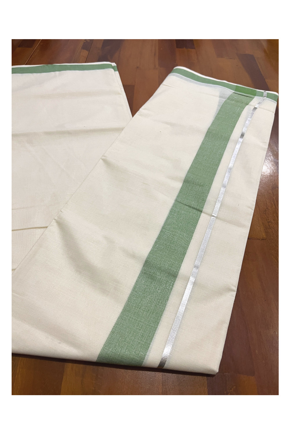 Off White Kerala Double Mundu with Silver Kasavu and Green Kara (South Indian Dhoti)