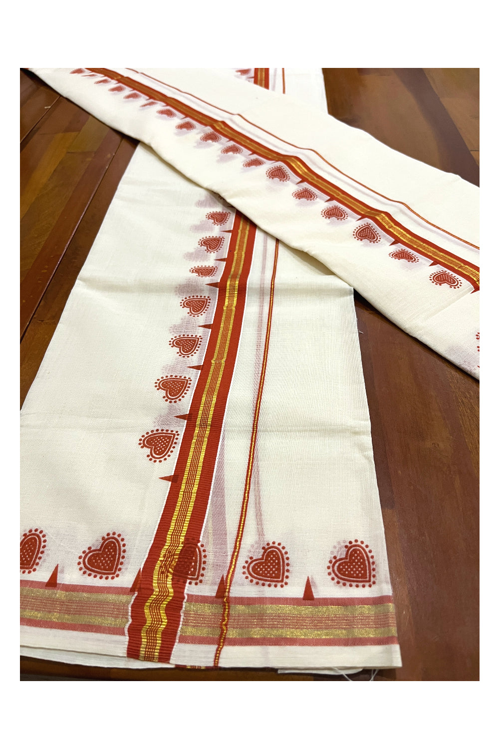 Kerala Cotton Single Kasavu Set Mundu (Mundum Neriyathum) with Orange Block Prints on Border