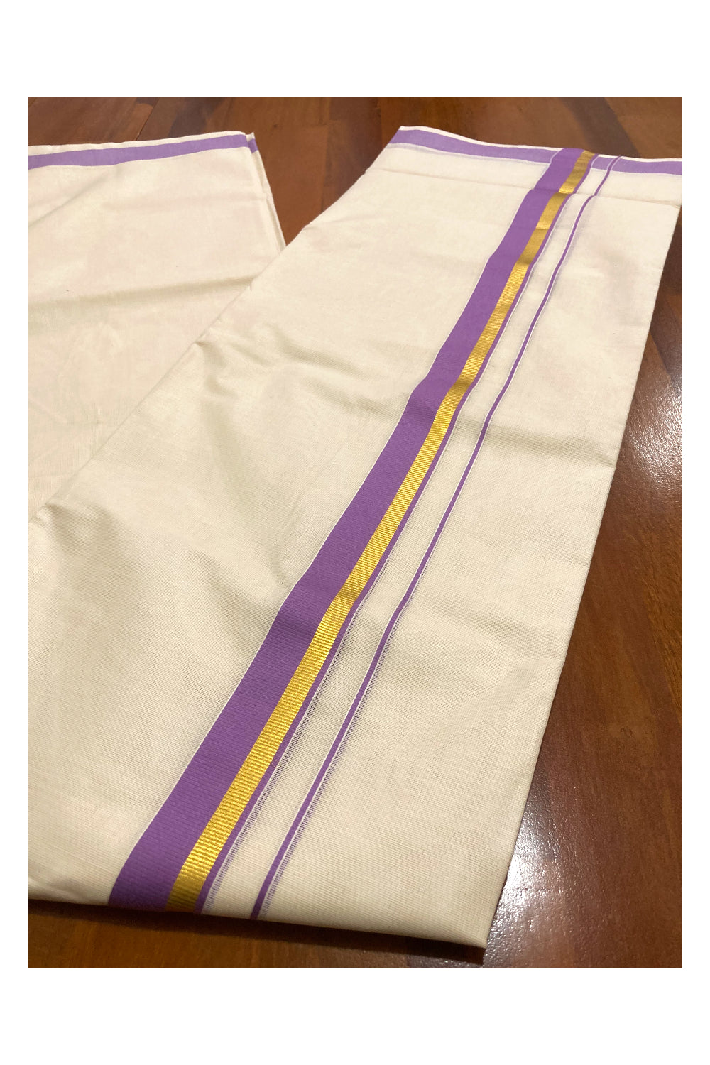 Pure Cotton Double Mundu with Violet and Kasavu Border (South Indian Kerala Dhoti)