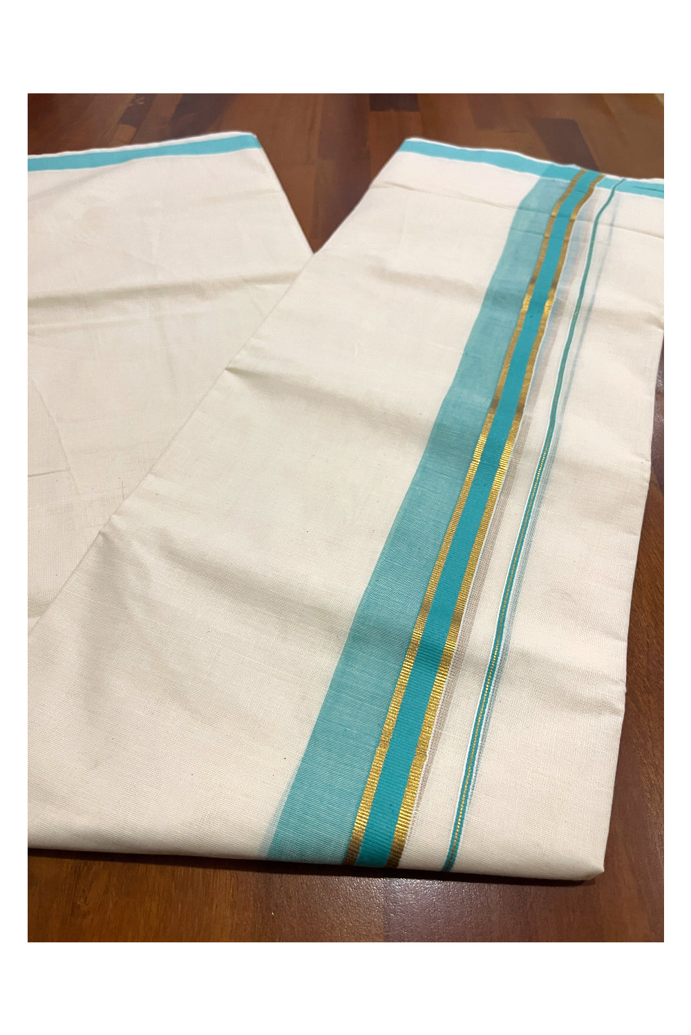 Pure Cotton Double Mundu with Turquoise and Kasavu Kara (South Indian Dhoti)