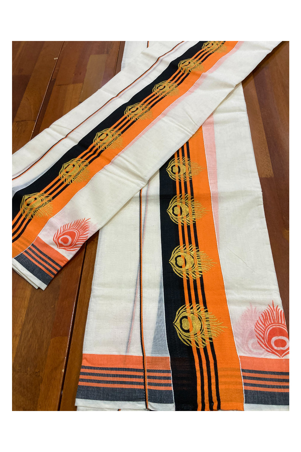 Cotton Set Mundu (Mundum Neriyathum) with Golden Block Prints on Black and Orange Border