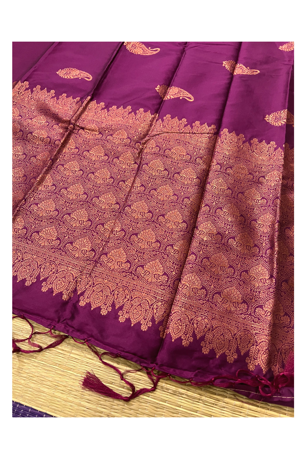 Southloom Magenta Semi Silk Designer Saree with Copper Kasavu Woven Works on Body