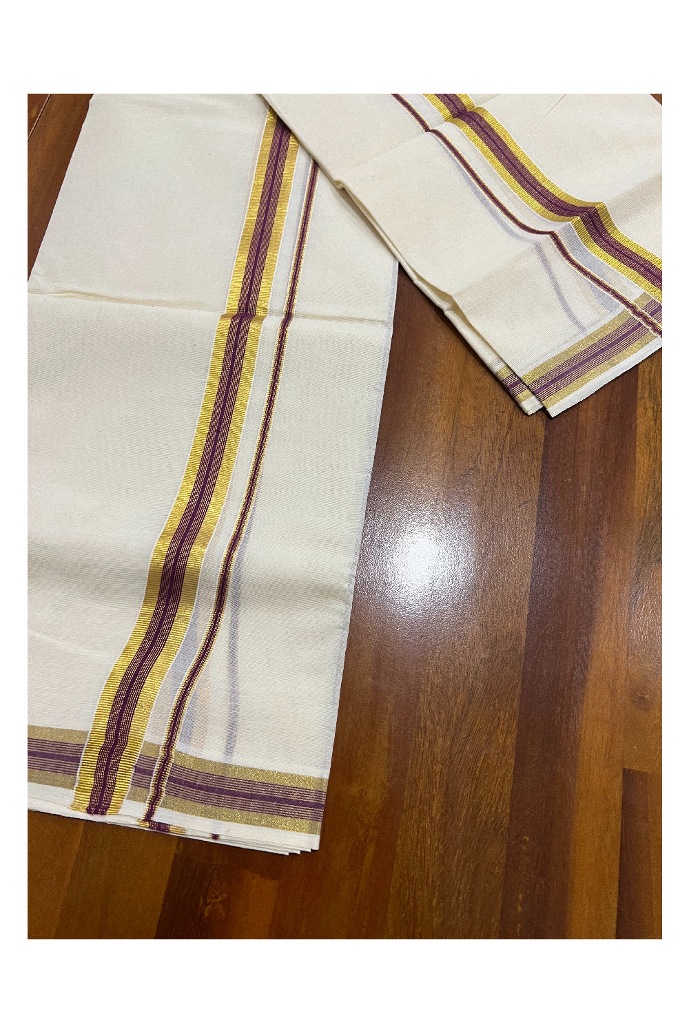 Kerala Cotton Mundum Neriyathum Single (Set Mundu) with Kasavu and Purple Border 2.80 Mtrs