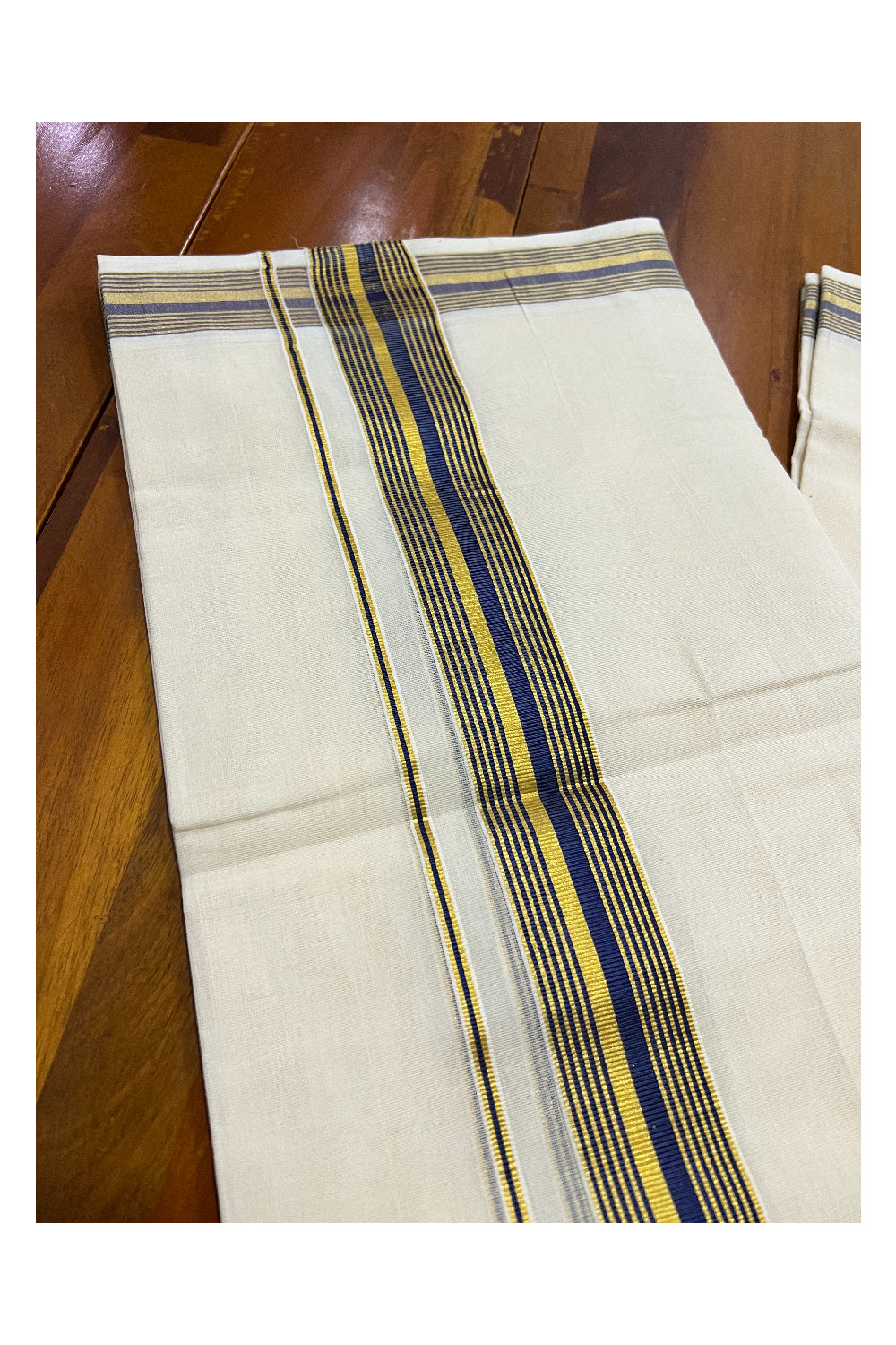 Southloom Kuthampully Handloom Pure Cotton Mundu with Golden and Black Kasavu Line Border (South Indian Dhoti)