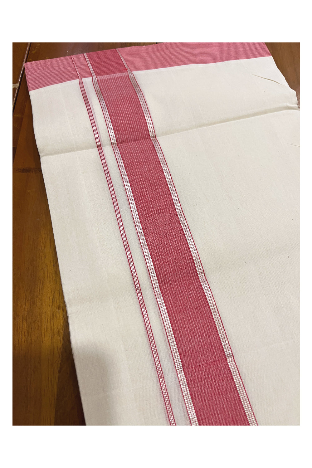 Southloom Premium Unakkupaavu Handloom Mundu with Silver Kasavu and Red Border (South Indian Kerala Dhoti)