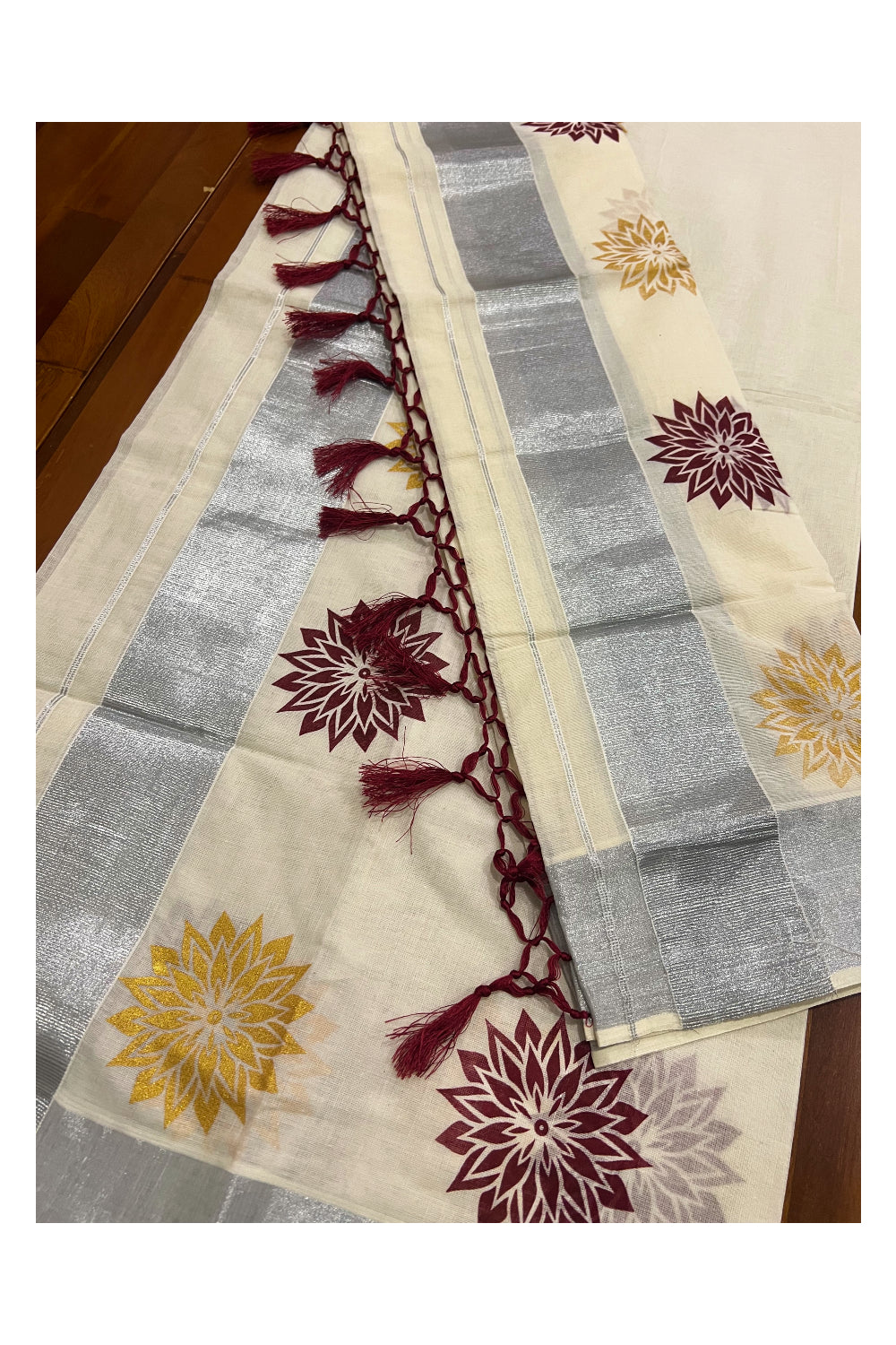 Kerala Cotton Mundum Neriyathum Single (Set Mundu) with Maroon and Golden Floral Block Prints