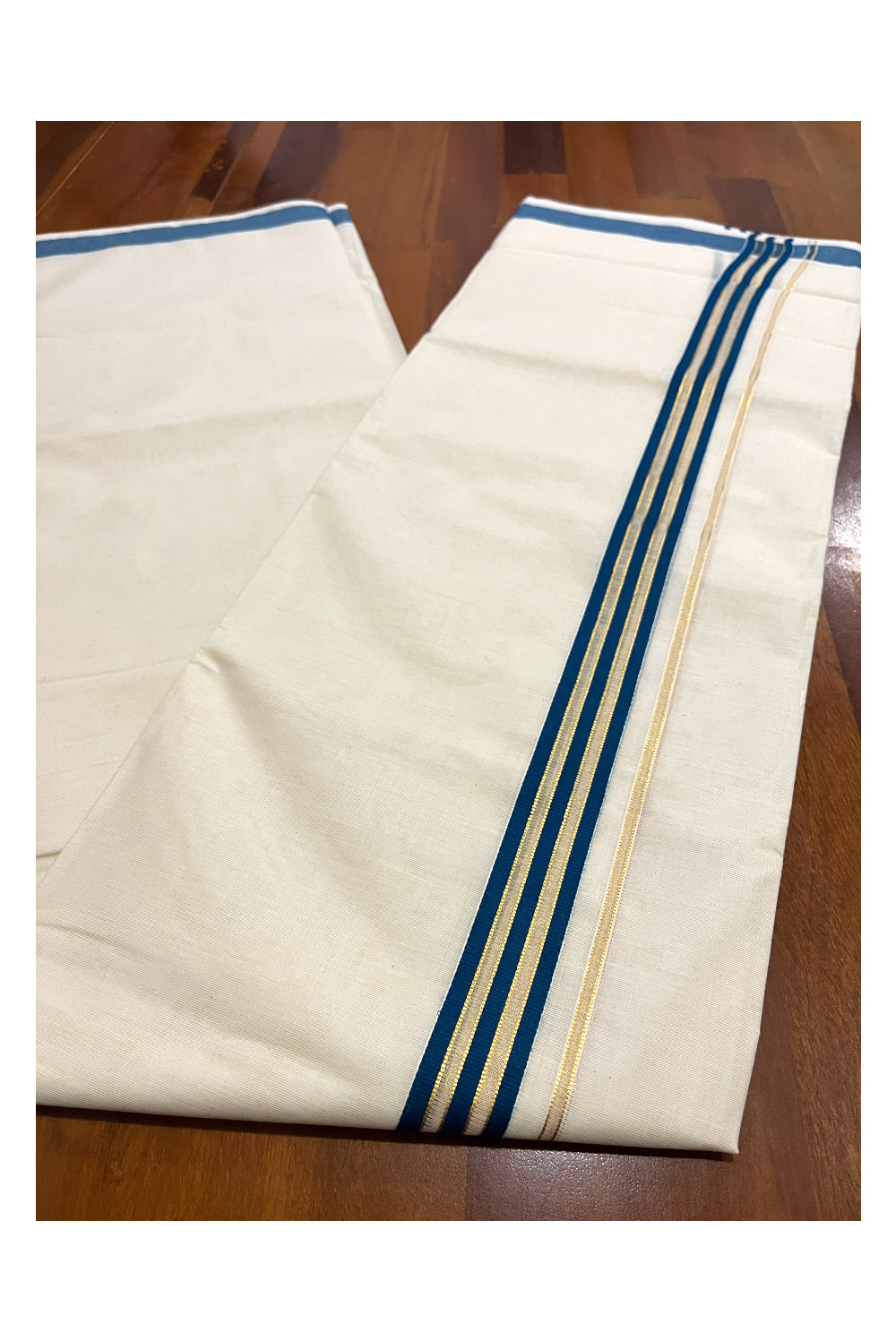 Pure Cotton Off White Double Mundu with Blue and Kasavu Kara (South Indian Kerala Dhoti)