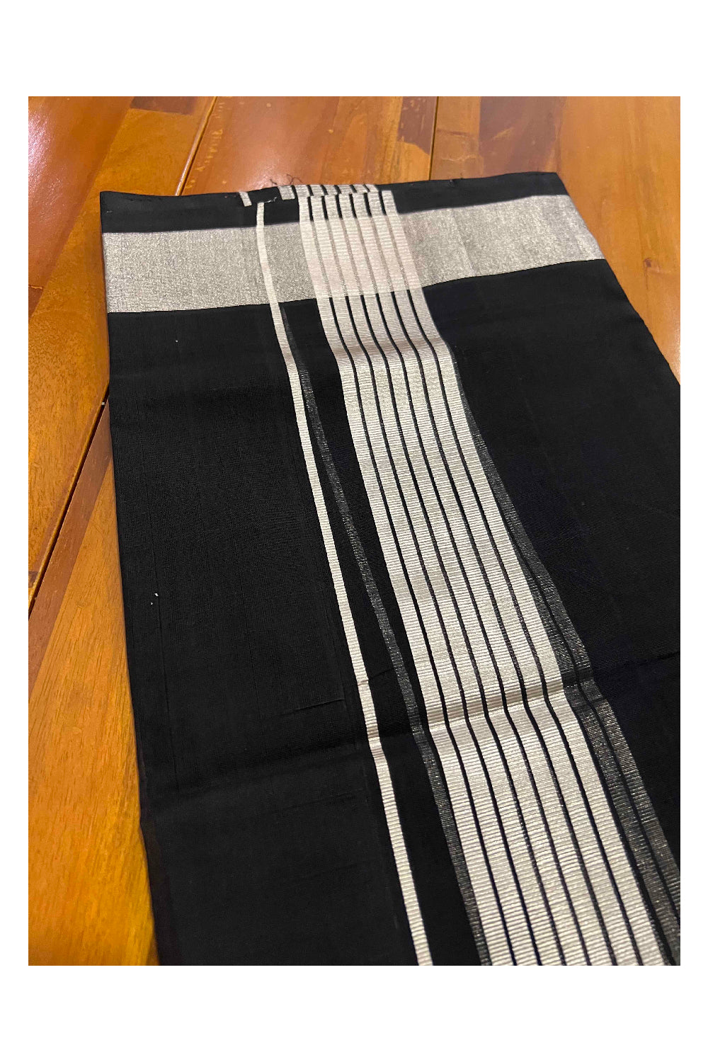 Southloom Kuthampully Handloom Pure Cotton Mundu with Silver Kasavu Lines Border (South Indian Dhoti)