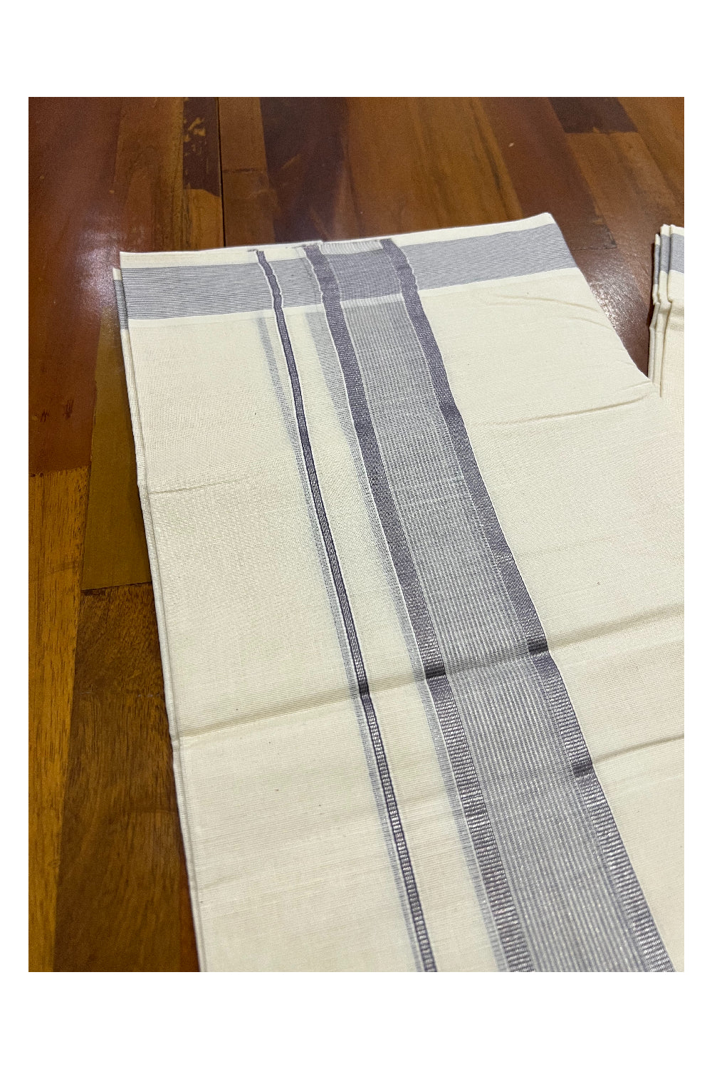 Pure Cotton Off White Double Mundu with Grey and Silver Kasavu Border (South Indian Dhoti)