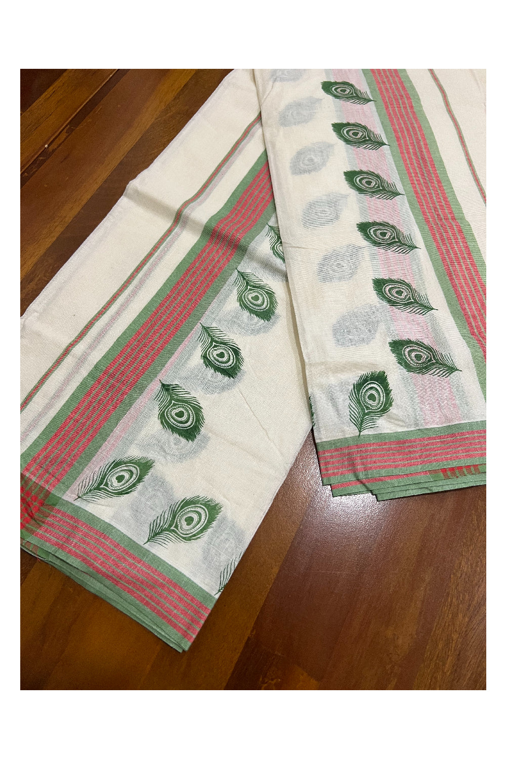 Pure Cotton Set Mundu (Mundum Neriyathum) with Green Feather Block Prints on Red and Green Border