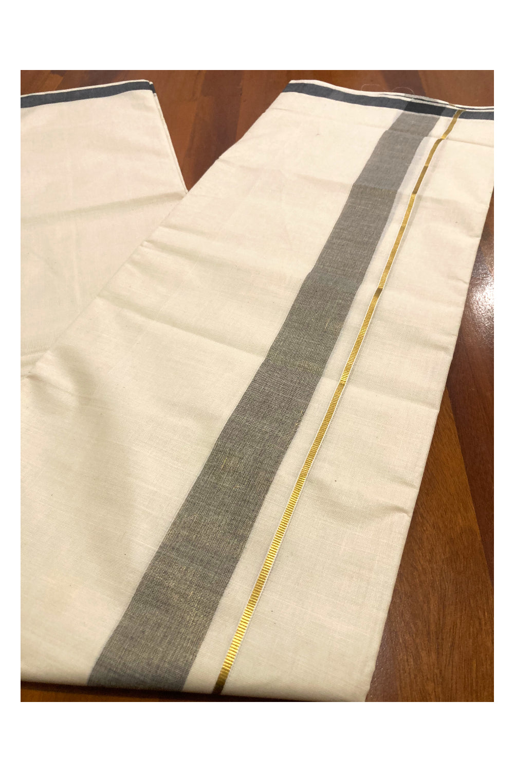 Pure Cotton Kerala Double Mundu with Kasavu and Black Border (South Indian Dhoti)