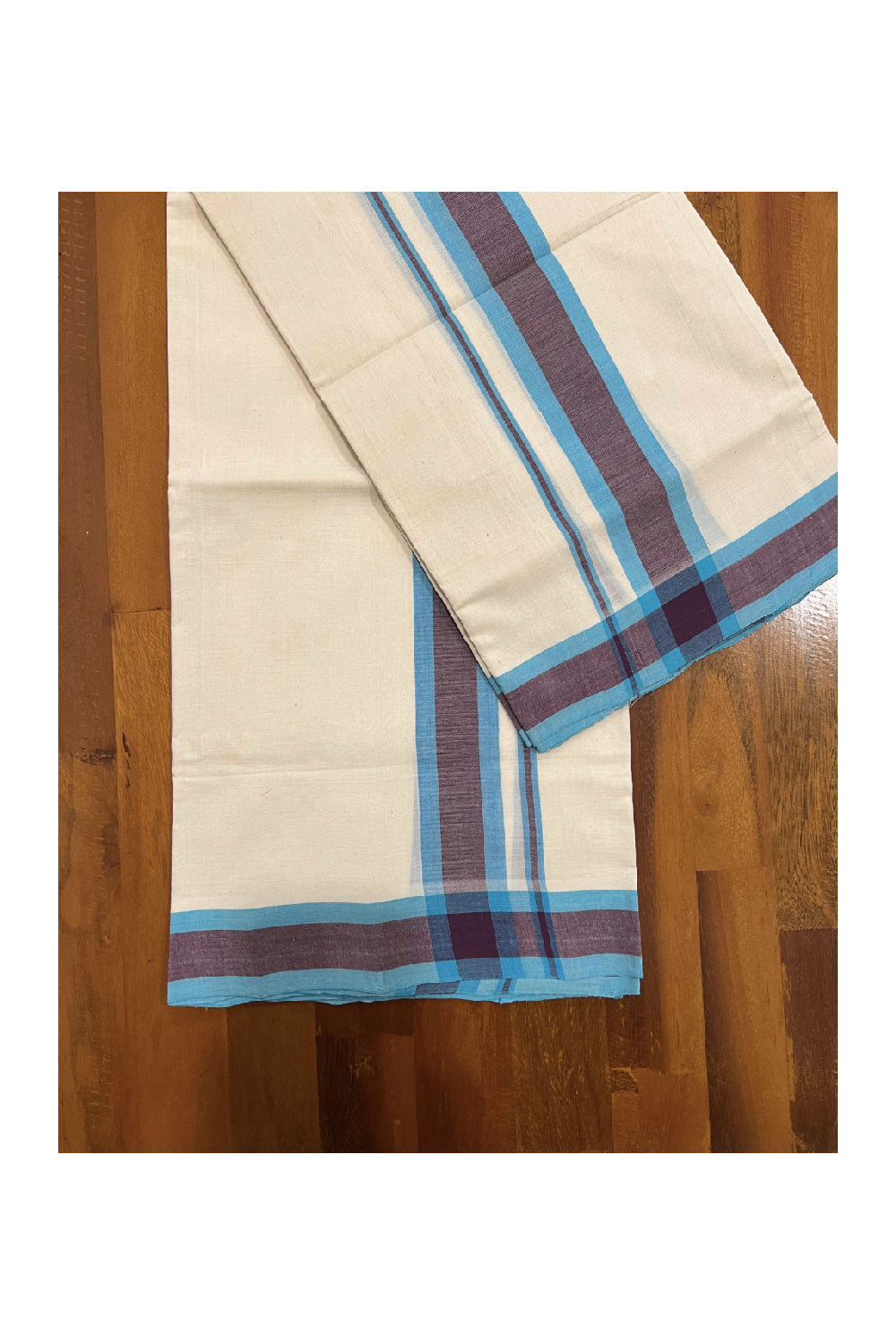 Southloom™ Unakkupaavu Premium Handloom Single Mundum Neriyathum (Set Mundu) with Blue and Purple Border