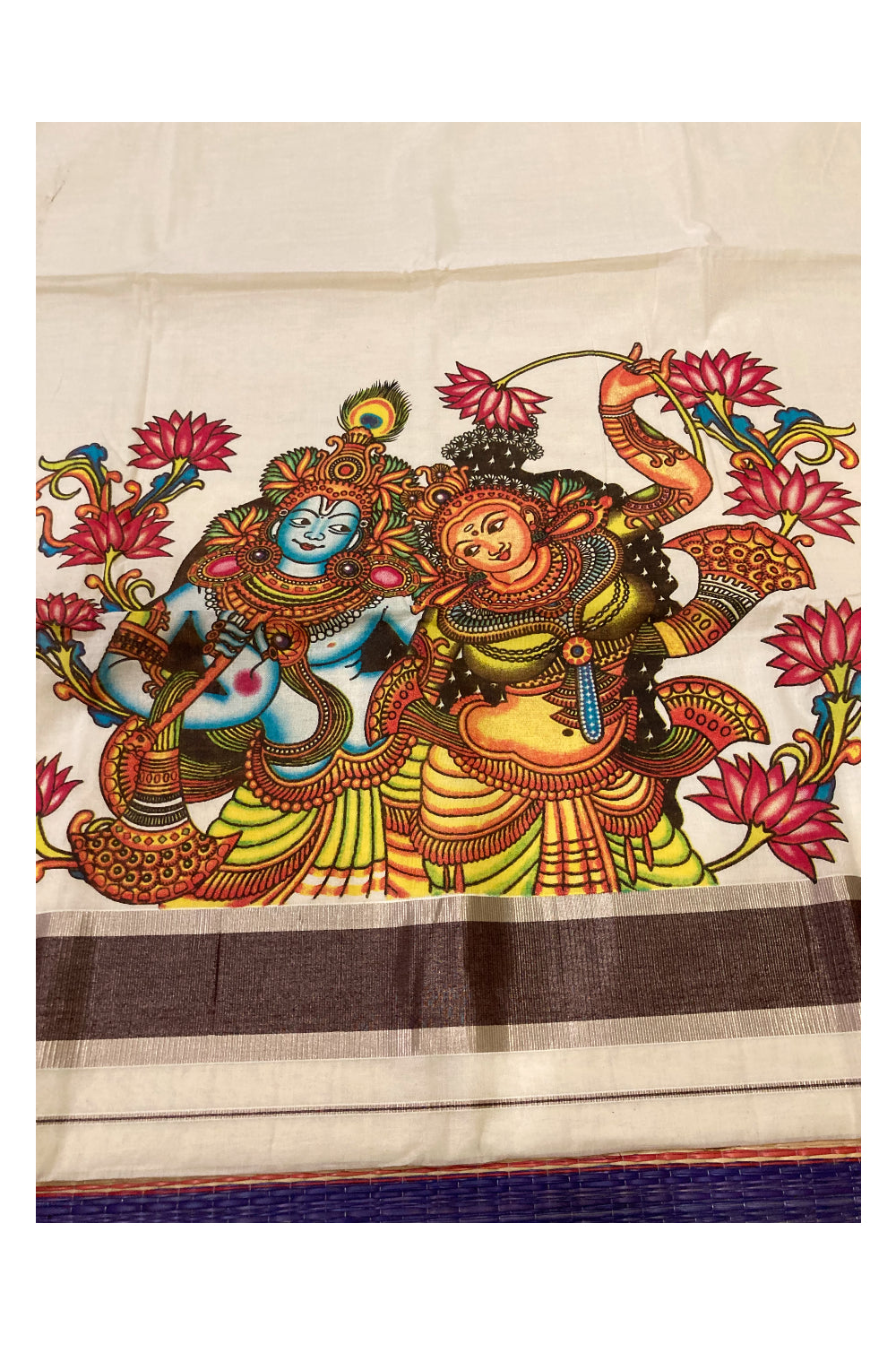 Pure Cotton Kerala Saree with Krishna Radha Mural Prints and Silver Brown Border