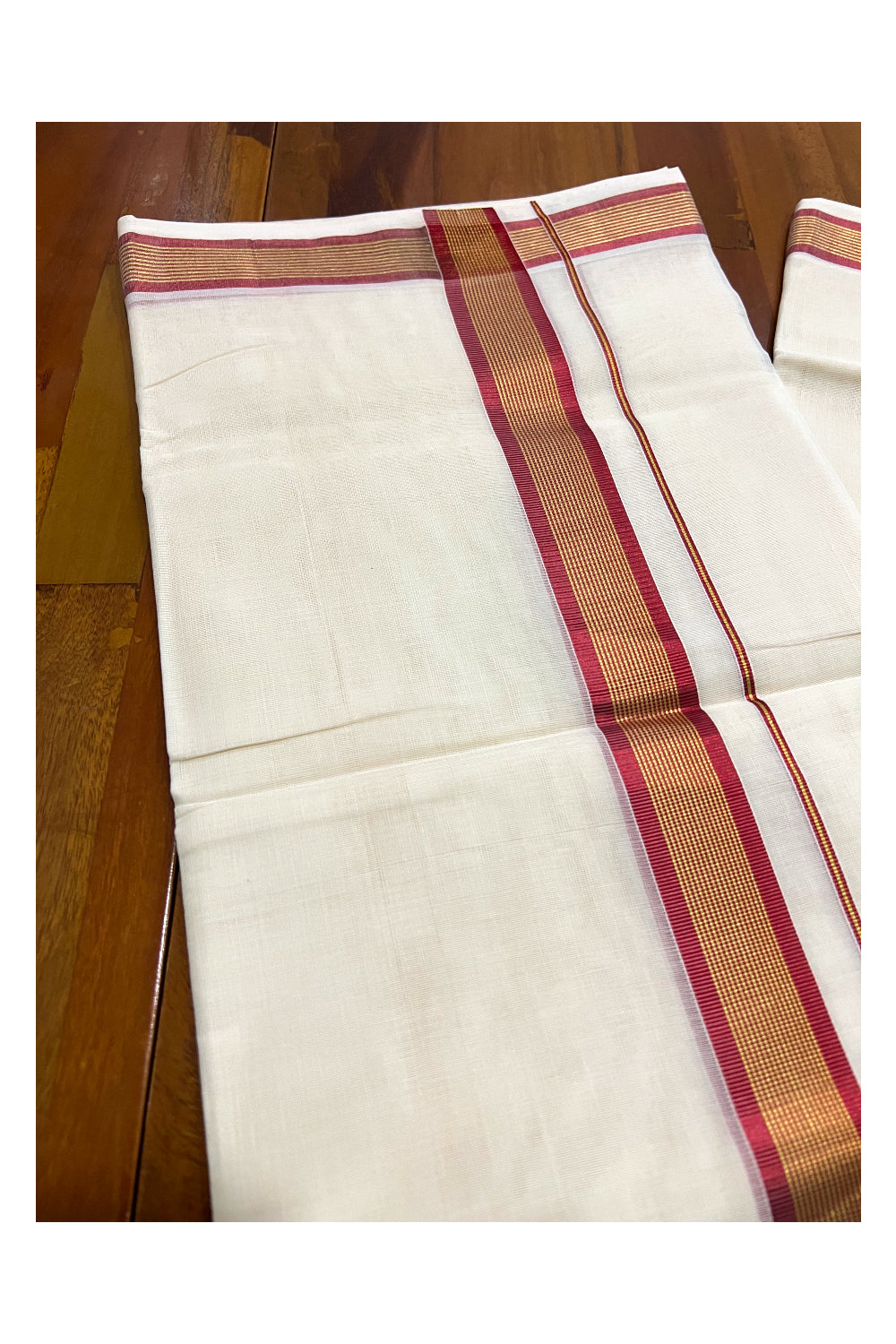 Southloom Premium Handloom Pure Cotton Mundu with Golden and Red Kasavu Border (South Indian Dhoti)