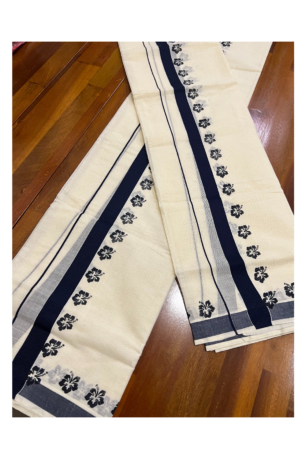 Pure Cotton Set Mundu (Mundum Neriyathum) with Navy Blue Floral Block Prints on Border