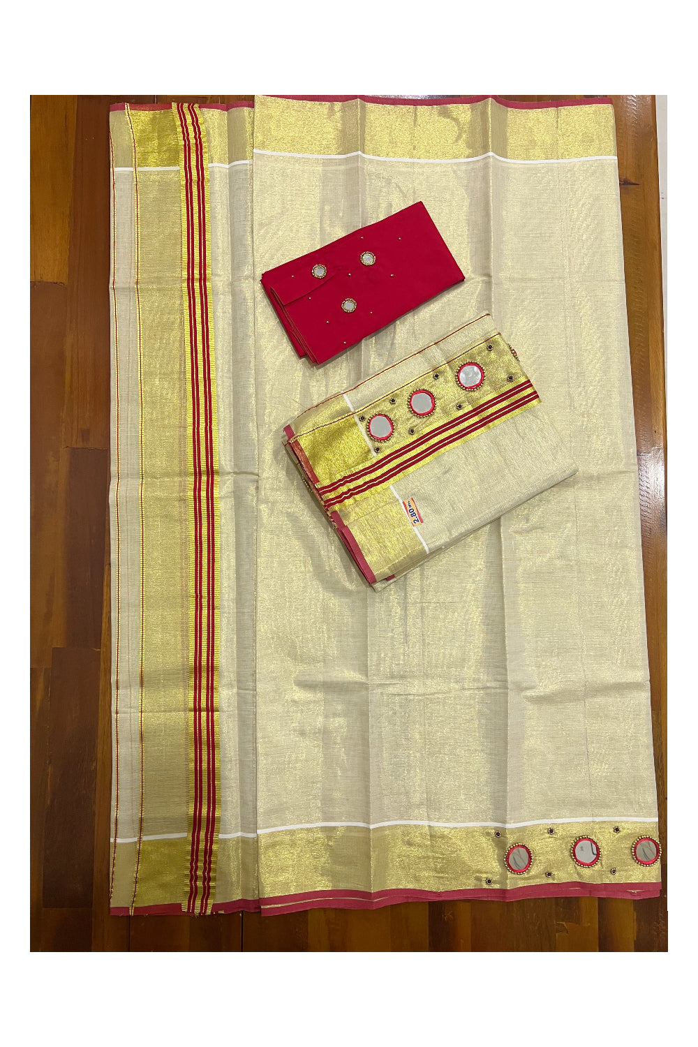 Kerala Tissue Kasavu Set Mundu (Mundum Neriyathum) with Red Border and Mirror Bead Handwork Design 2.80 Mtrs (Include Blouse Piece)