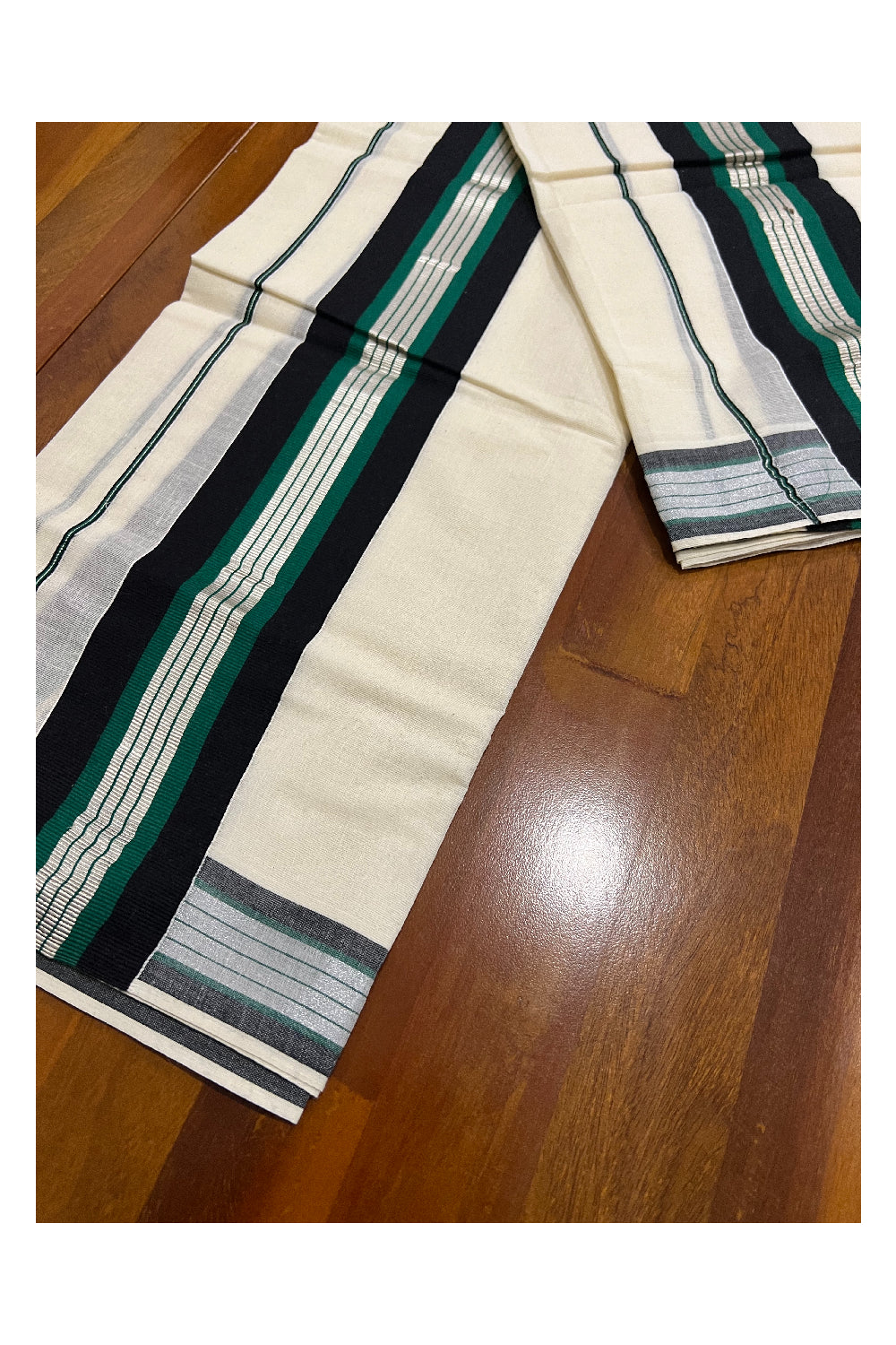 Pure Cotton Mundum Neriyathum Single (Set Mundu) with Silver Kasavu Black and Dark Green Border 2.80 Mtrs