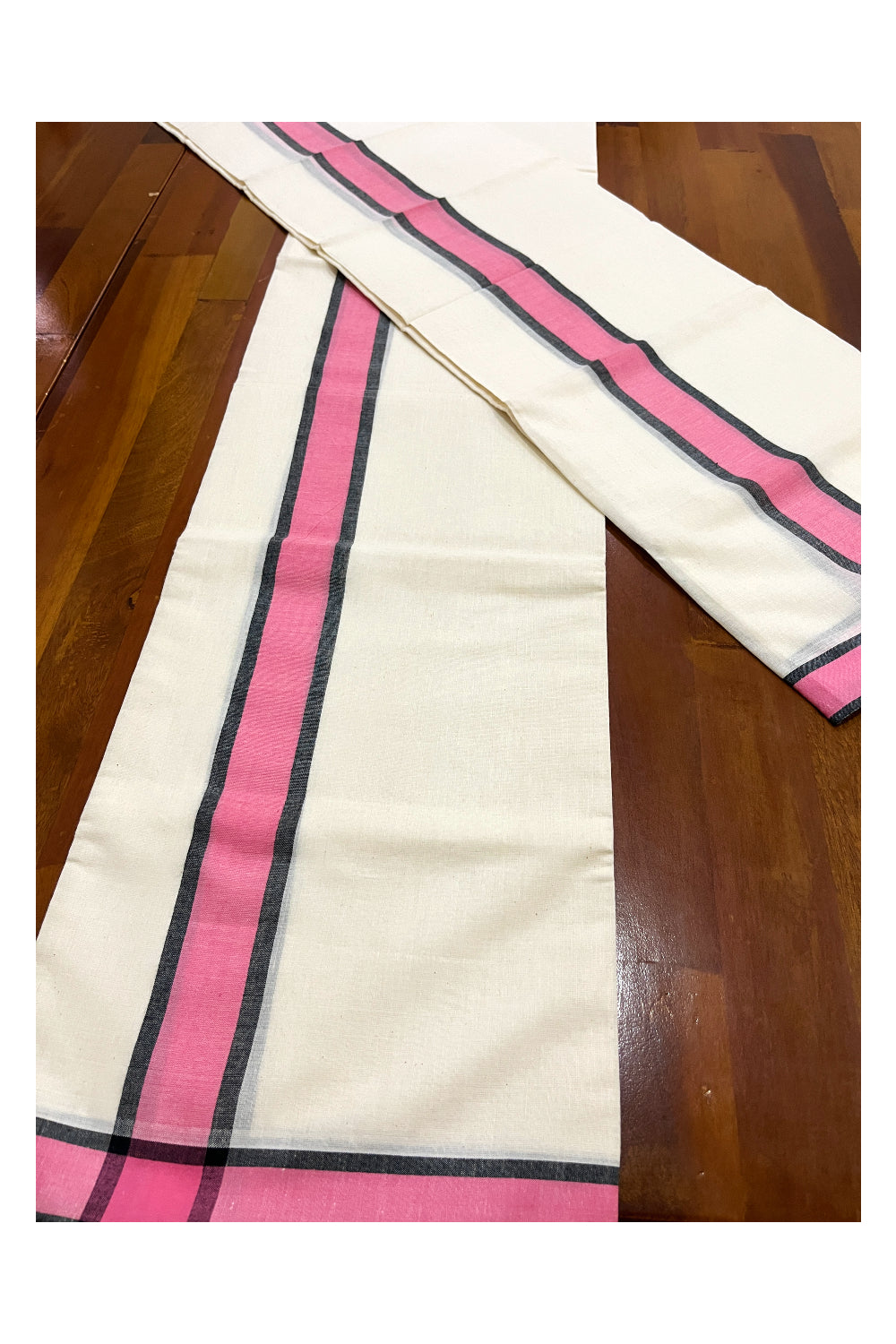 Kerala Cotton Mundum Neriyathum Single (Set Mundu) with Pink and Black Mulloth Border (Extra Soft Cotton)