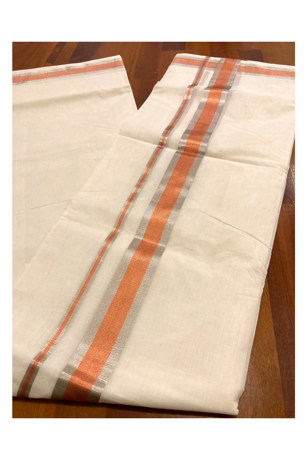 Southloom™ Premium Handloom Mundu with Silver and Copper Kasavu Border (South Indian Kerala Dhoti) 2 inch