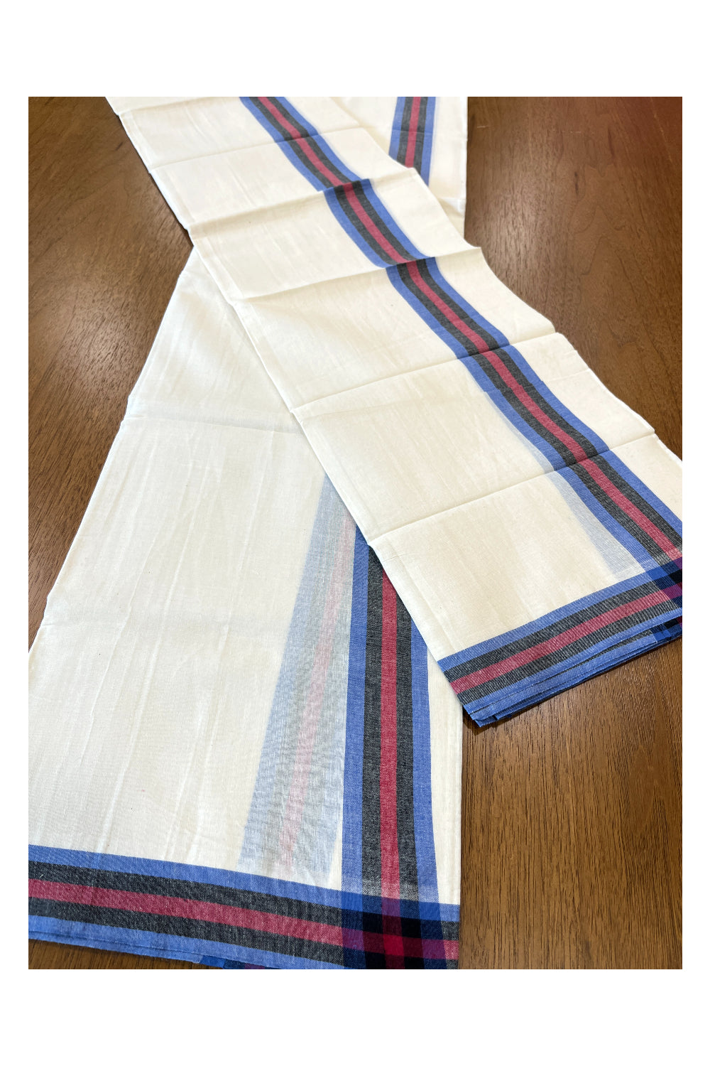 Kerala Cotton Mulloth Mundum Neriyathum Single (Set Mundu) with Blue and Red Border (Extra Soft Cotton) 2.80 Mtrs