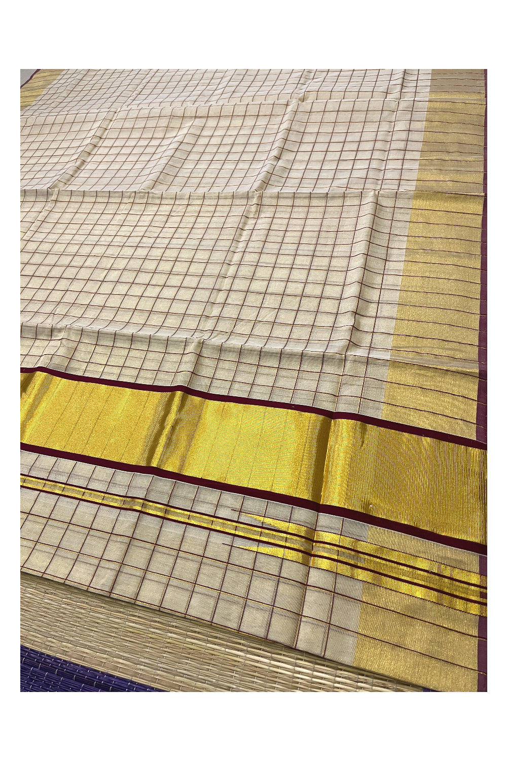 Southloom Premium Handloom Tissue Check Design Saree with Maroon and Kasavu Border