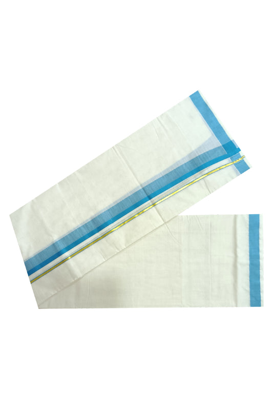 Off White Kerala Double Mundu with Kasavu and Light Blue Kara (South Indian Dhoti)