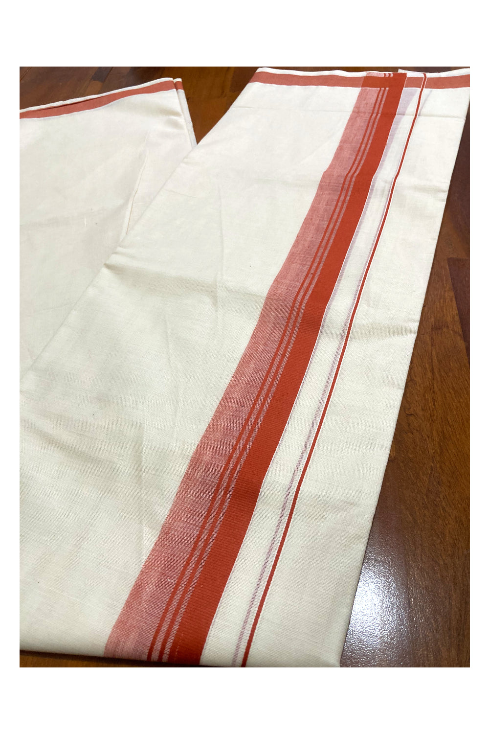 Off White Pure Cotton Double Mundu with Orange Border (South Indian Dhoti)