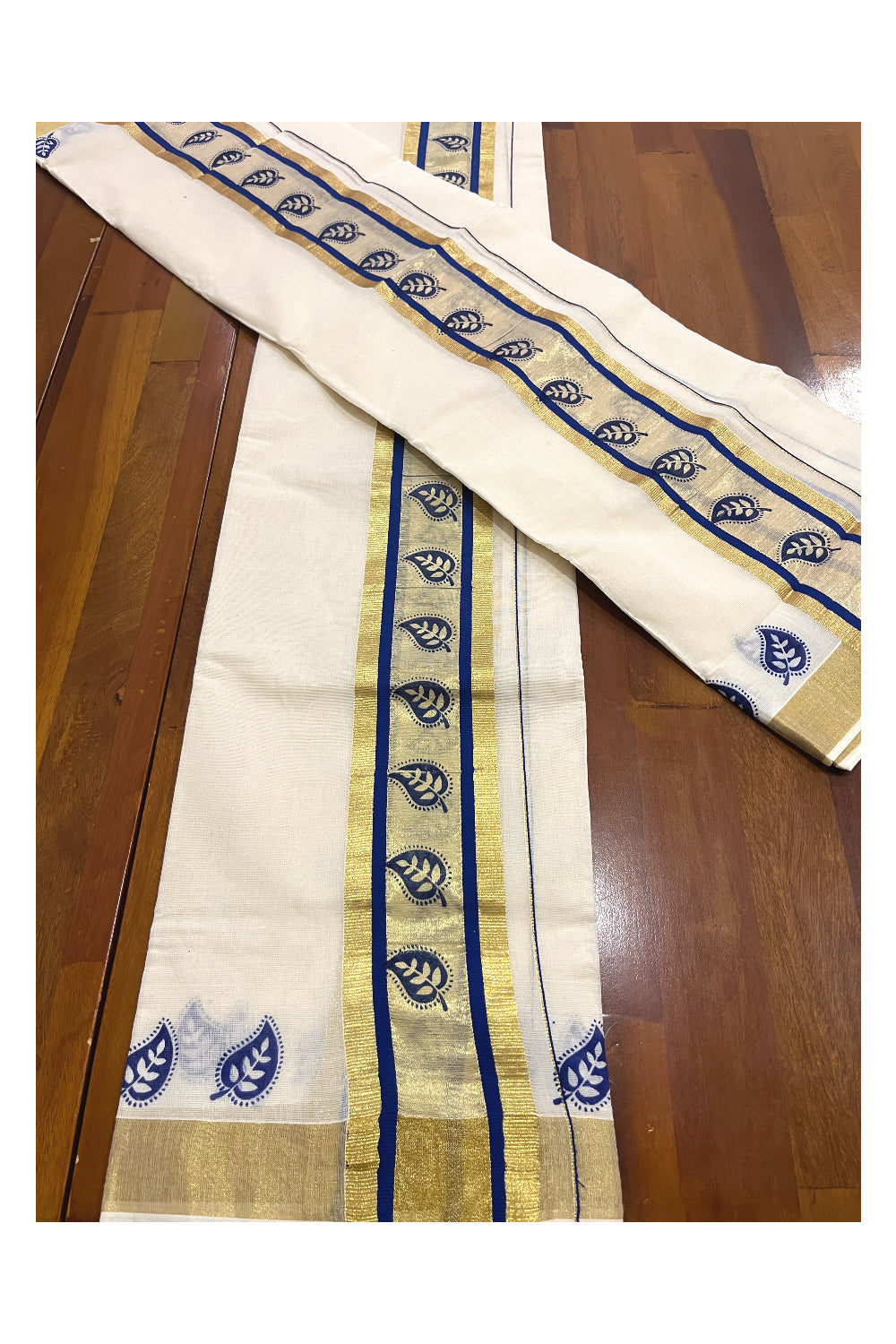 Pure Cotton Kasavu Single Set Mundu (Mundum Neriyathum ) with Blue Block Printed Border