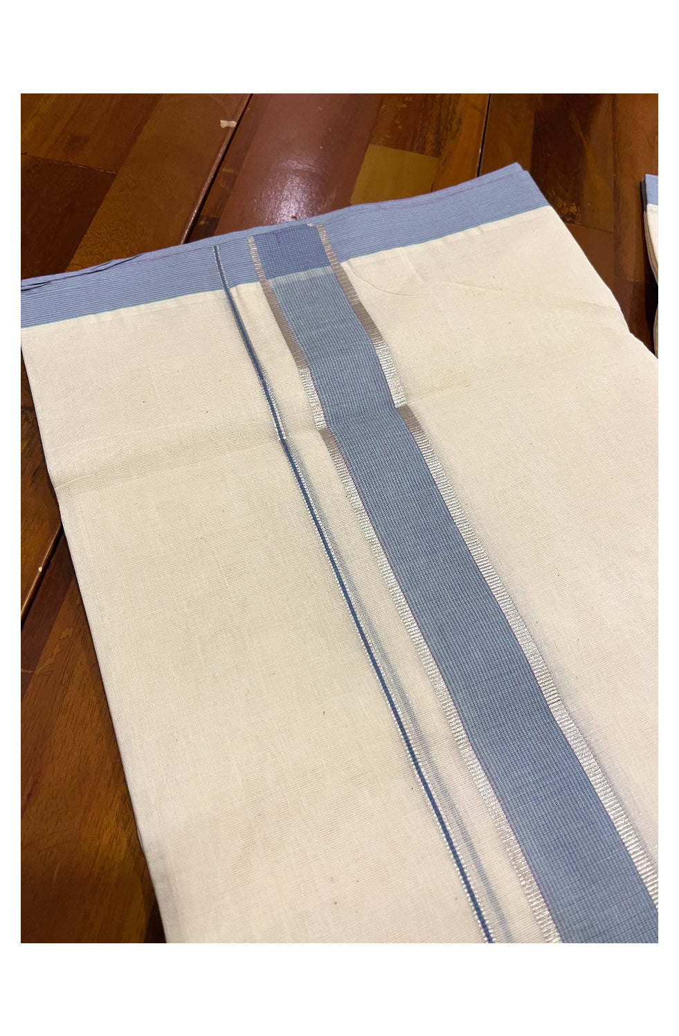 Pure Cotton Off White 100x100 Double Mundu with Silver Kasavu and Blue Border (South Indian Dhoti)