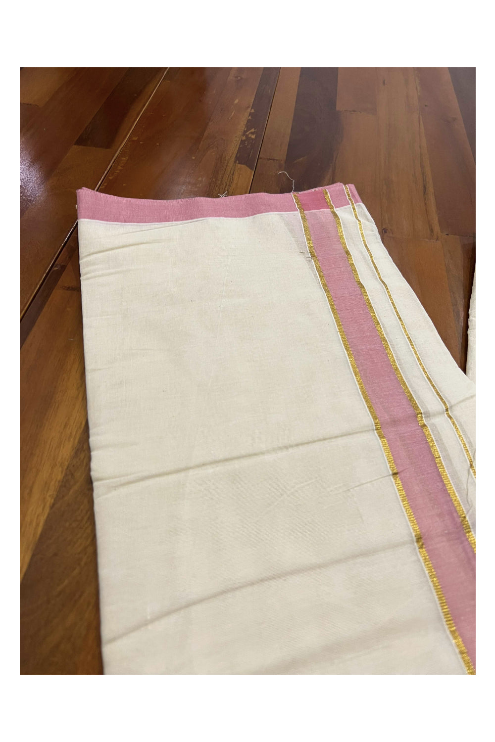 Off White Pure Cotton Double Mundu with Kasavu and Pink Kara (South Indian Dhoti)