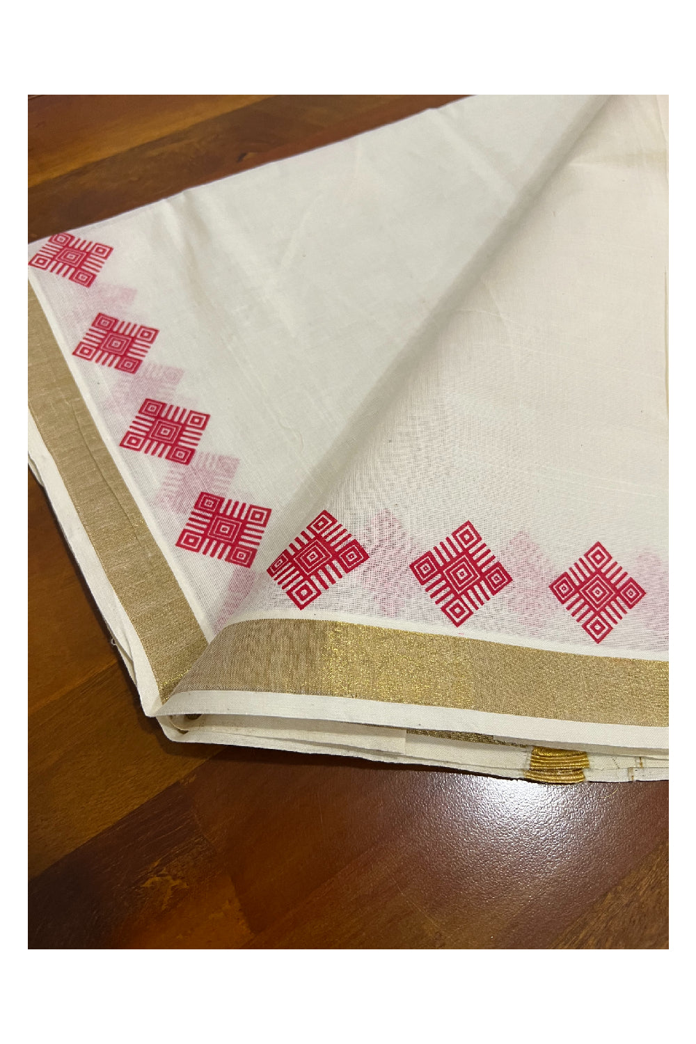 Kerala Cotton Kasavu Set Mundu (Mundum Neriyathum) with Red Block Prints on Border