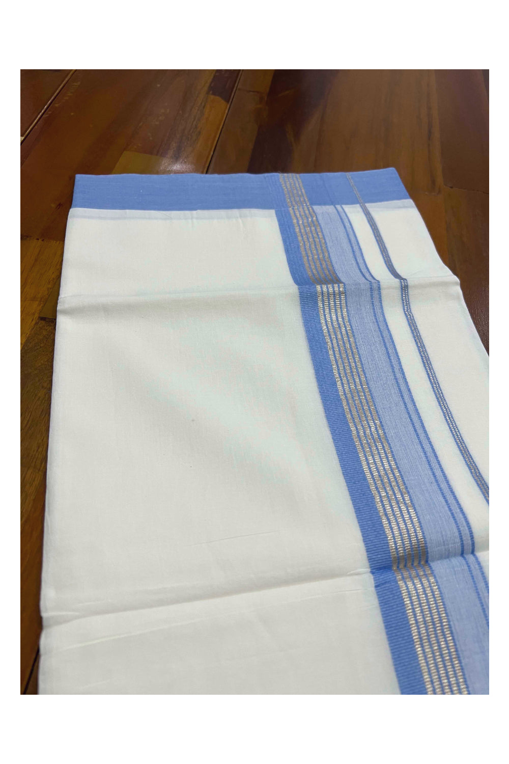 Pure White Cotton Mundu with Light Blue and Silver Kasavu Kara (South Indian Dhoti)