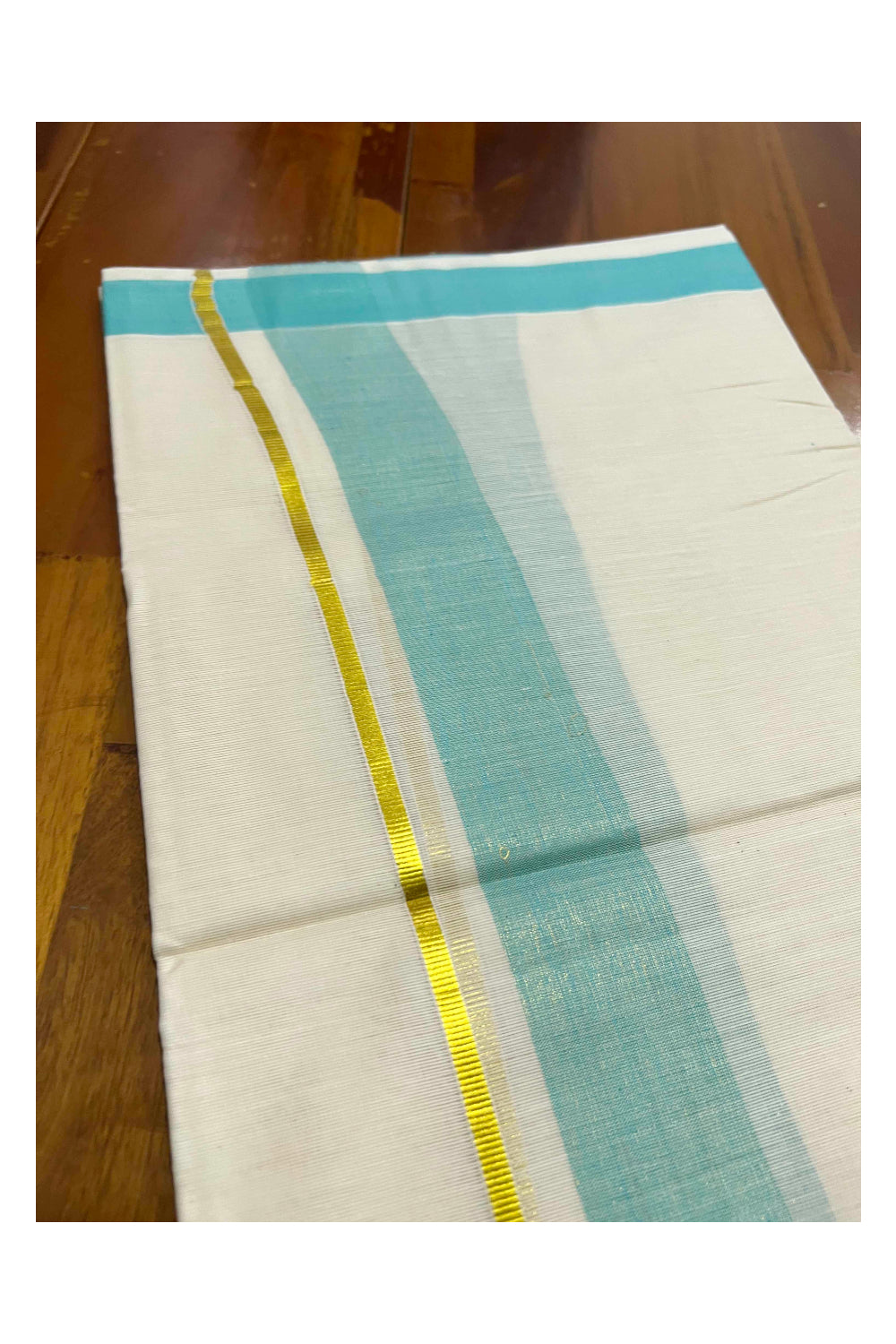 Off White Kerala Double Mundu with Turquoise and Kasavu Line Border (South Indian Dhoti)