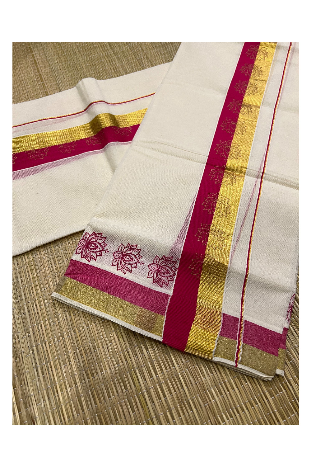 Kerala Cotton Kasavu Set Mundu (Mundum Neriyathum) with Dark Pink Floral Block Prints on Border 2.80 Mtrs